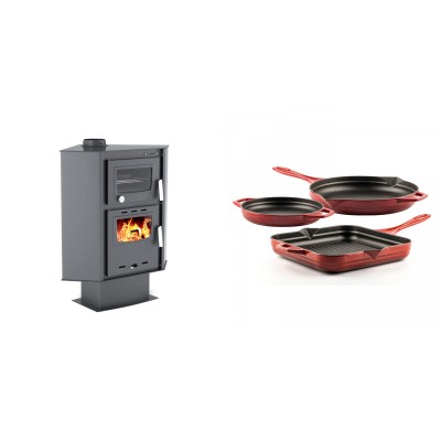 Set Kaminofen, Holzofen mit Backfach Velmora Fire ATS 90-30 CORNER, 18.25kW + Gusseisen Topf Set aus 3 teilen Solagio, Rubin - Kaminofen - Holzofen mit Backfach