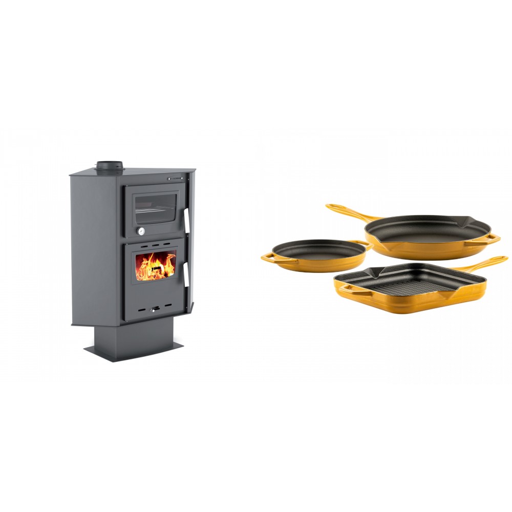 Set Kaminofen, Holzofen mit Backfach Velmora Fire ATS 90-30 CORNER, 18.25kW + Gusseisen Topf Set aus 3 teilen Solagio, Dijon