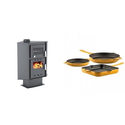 Set Kaminofen, Holzofen mit Backfach Velmora Fire ATS 90-30 CORNER, 18.25kW + Gusseisen Topf Set aus 3 teilen Solagio, Dijon - Kaminofen - Holzofen mit Backfach