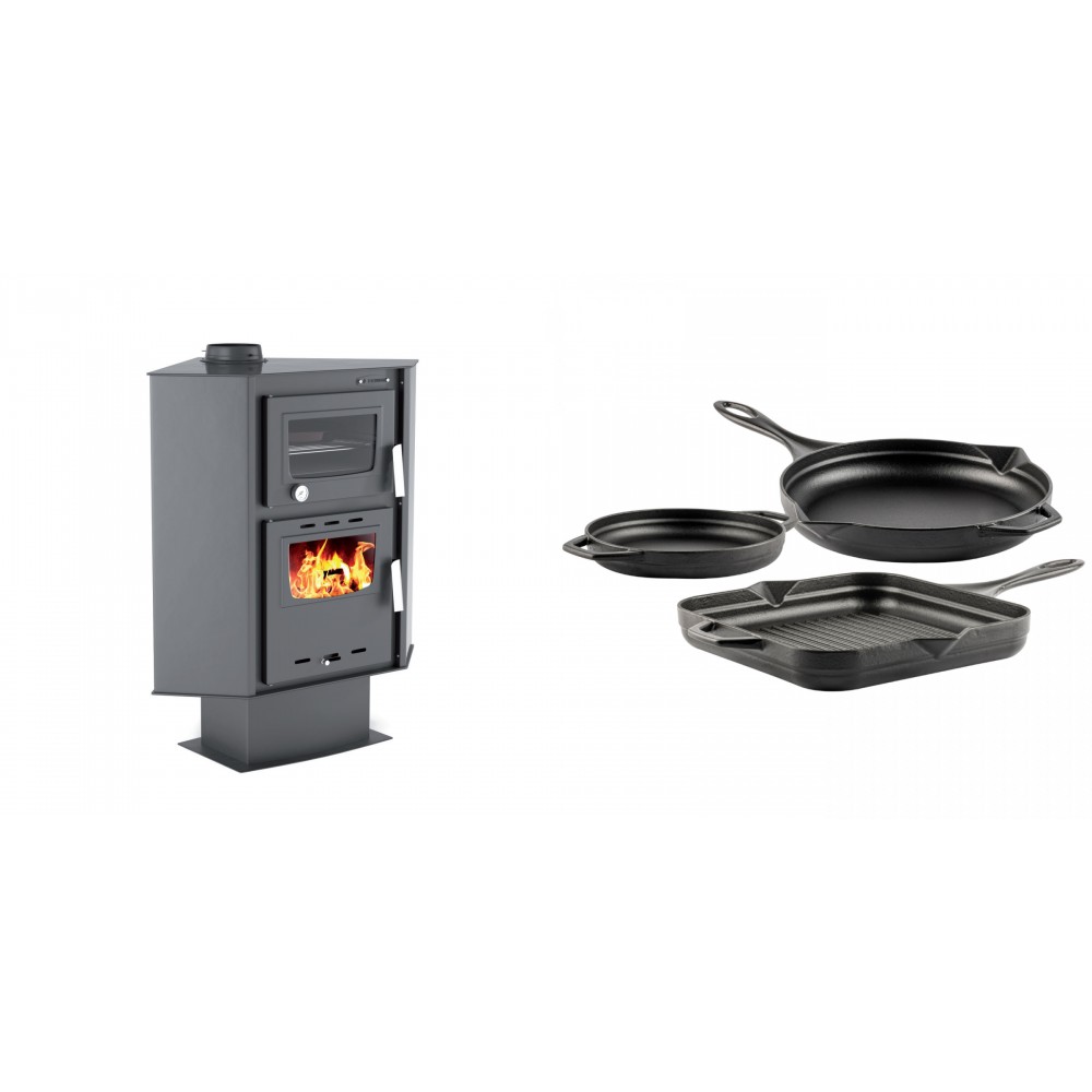 Set Kaminofen, Holzofen mit Backfach Velmora Fire ATS 90-30 CORNER, 18.25kW + Gusseisen Topf Set aus 3 teilen Solagio, Black Onyx | Holzofen | Kaminofen |