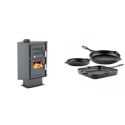 Set Kaminofen, Holzofen mit Backfach Velmora Fire ATS 90-30 CORNER, 18.25kW + Gusseisen Topf Set aus 3 teilen Solagio, Black Onyx - Kaminofen - Holzofen mit Backfach