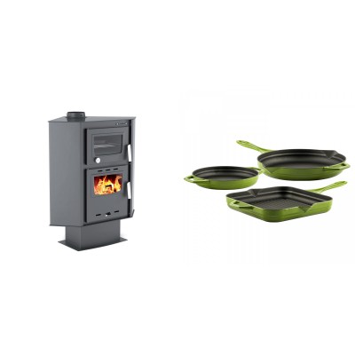 Set Kaminofen, Holzofen mit Backfach Velmora Fire ATS 90-30 CORNER, 18.25kW + Gusseisen Topf Set aus 3 teilen Solagio, Bamboo - Kaminofen - Holzofen mit Backfach