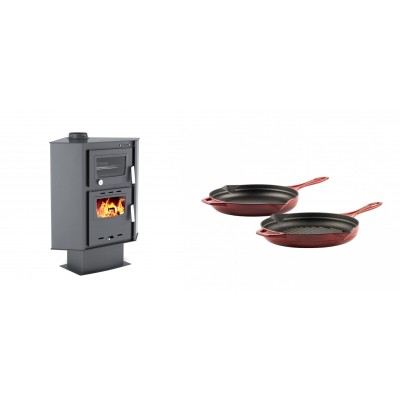 Set Kaminofen, Holzofen mit Backfach Velmora Fire ATS 90-30 CORNER, 18.25kW + Gusseisen Topf Set aus 2 teilen Solagio, Rubin - Kaminofen - Holzofen mit Backfach