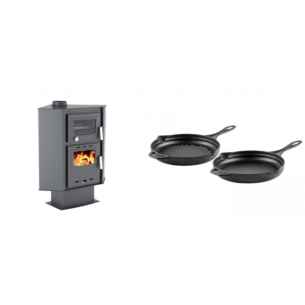Set Kaminofen, Holzofen mit Backfach Velmora Fire ATS 90-30 CORNER, 18.25kW + Gusseisen Topf Set aus 2 teilen Solagio, Black Onyx
