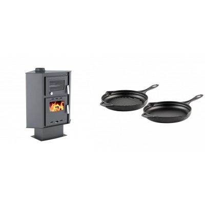 Set Kaminofen, Holzofen mit Backfach Velmora Fire ATS 90-30 CORNER, 18.25kW + Gusseisen Topf Set aus 2 teilen Solagio, Black Onyx - Kaminofen - Holzofen mit Backfach