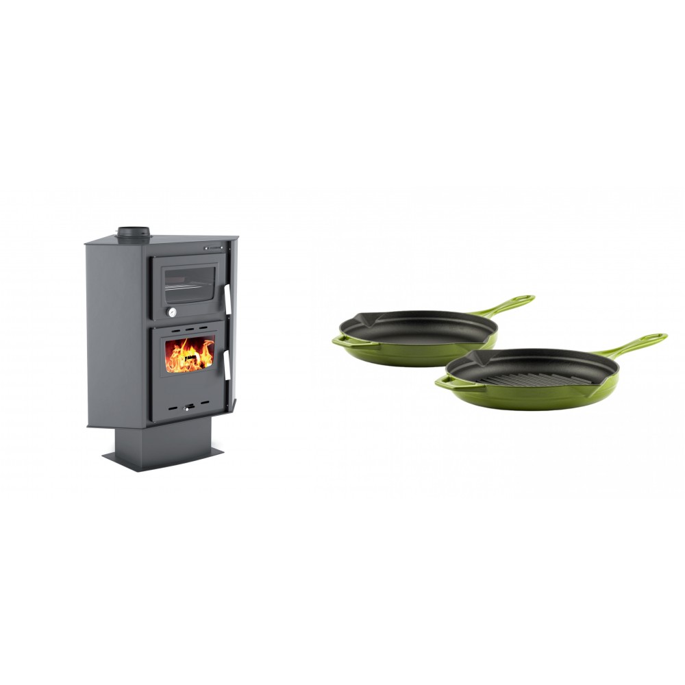 Set Kaminofen, Holzofen mit Backfach Velmora Fire ATS 90-30 CORNER, 18.25kW + Gusseisen Topf Set aus 2 teilen Solagio, Bamboo | Holzofen | Kaminofen |