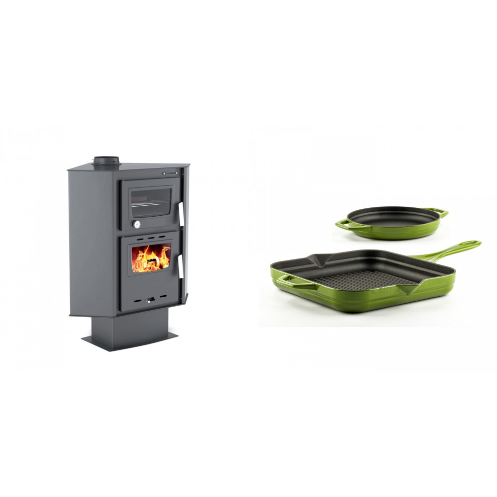 Set Kaminofen, Holzofen mit Backfach Velmora Fire ATS 90-30 CORNER, 18.25kW + Gusseisen Topf Set aus 2 teilen Solagio, Bamboo