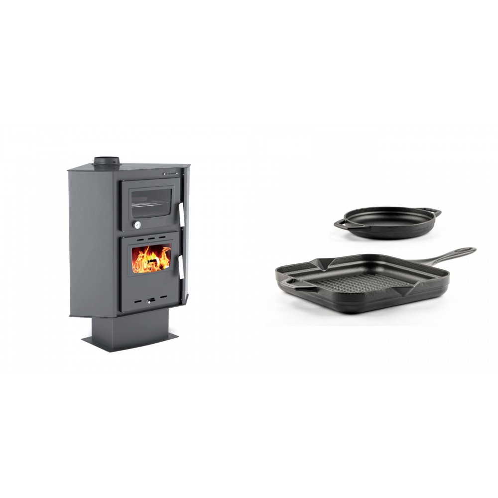 Set Kaminofen, Holzofen mit Backfach Velmora Fire ATS 90-30 CORNER, 18.25kW + Gusseisen Topf Set aus 2 teilen Solagio, Black Onyx | Holzofen | Kaminofen |