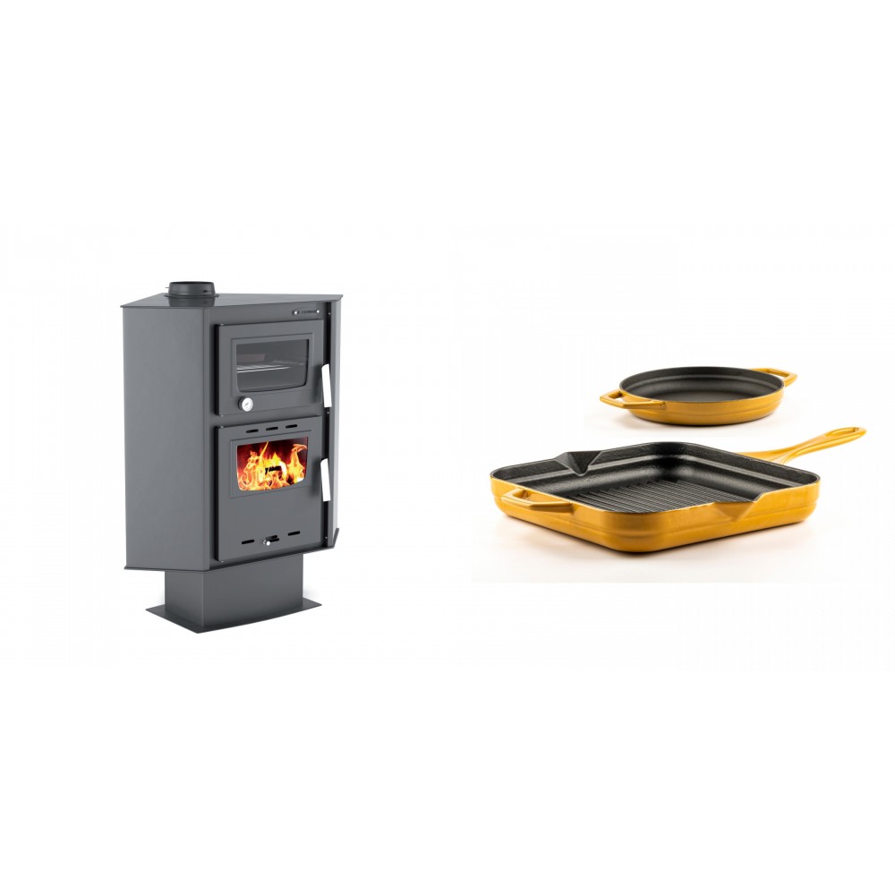 Set Kaminofen, Holzofen mit Backfach Velmora Fire ATS 90-30 CORNER, 18.25kW + Gusseisen Topf Set aus 2 teilen Solagio, Dijon