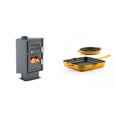 Set Kaminofen, Holzofen mit Backfach Velmora Fire ATS 90-30 CORNER, 18.25kW + Gusseisen Topf Set aus 2 teilen Solagio, Dijon - Kaminofen - Holzofen mit Backfach