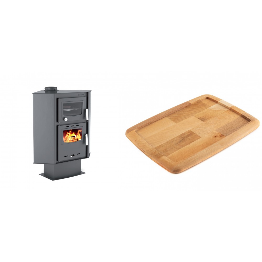 Set Kaminofen, Holzofen mit Backfach Velmora Fire ATS 90-30 CORNER, 18.25kW + Holz untersetzer für gusseisenplatte Solagio HSST2131
