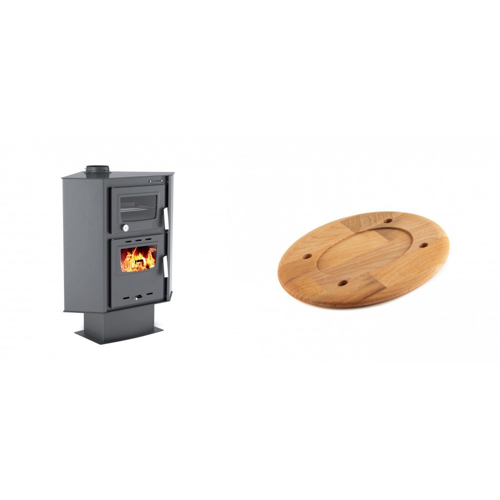 Set Kaminofen, Holzofen mit Backfach Velmora Fire ATS 90-30 CORNER, 18.25kW + Holz untersetzer für ovale platte Solagio HSOISK1728, 17x28cm | Holzofen | Kaminofen |