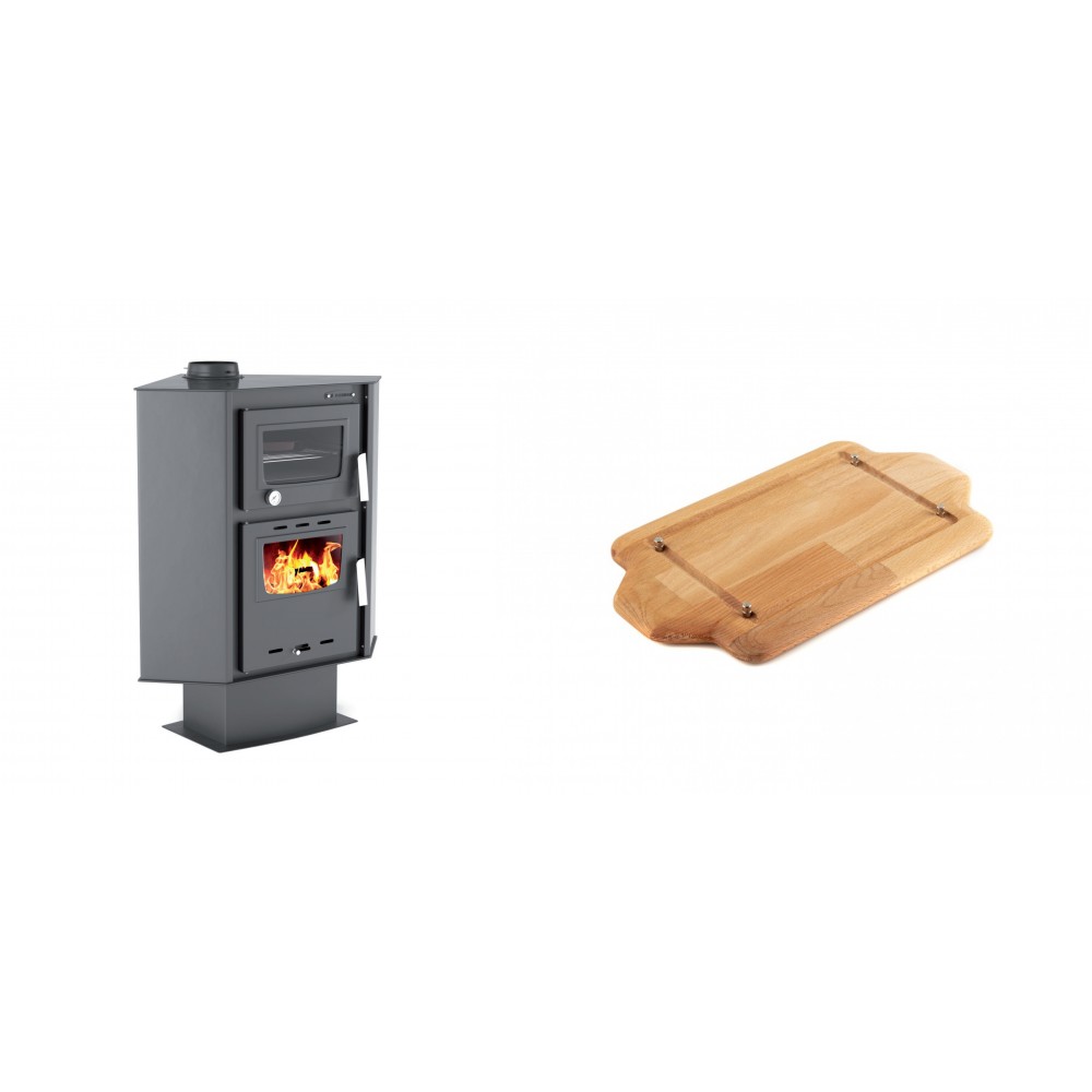 Set Kaminofen, Holzofen mit Backfach Velmora Fire ATS 90-30 CORNER, 18.25kW + Holz untersetzer für mini-gusseisenplatte Solagio HSDDHP1522 | Holzofen | Kaminofen |