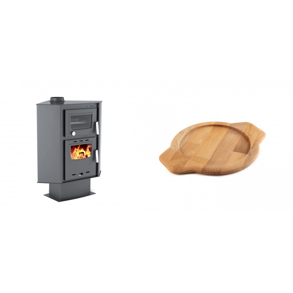 Set Kaminofen, Holzofen mit Backfach Velmora Fire ATS 90-30 CORNER, 18.25kW + Holz untersetzer für gusseisenschüssel Solagio HSYKTV22 | Holzofen | Kaminofen |