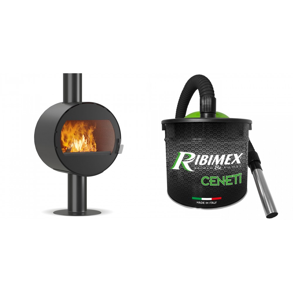 Set Kaminofen, Holzofen Velmora Fire ATS ROUND WALL, 10.2kW + Elektrischer Aschesauger Ribimex, Modell Cenetì, Fassungsvermögen 15 L