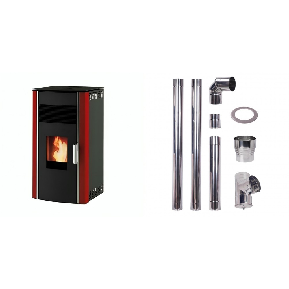 Set Pellets Kaminofen Alfa Plam Luca Rot, 8kW + Schornstein bausatz für Pelletofen, Edelstahl AISI 304, 80-150mm