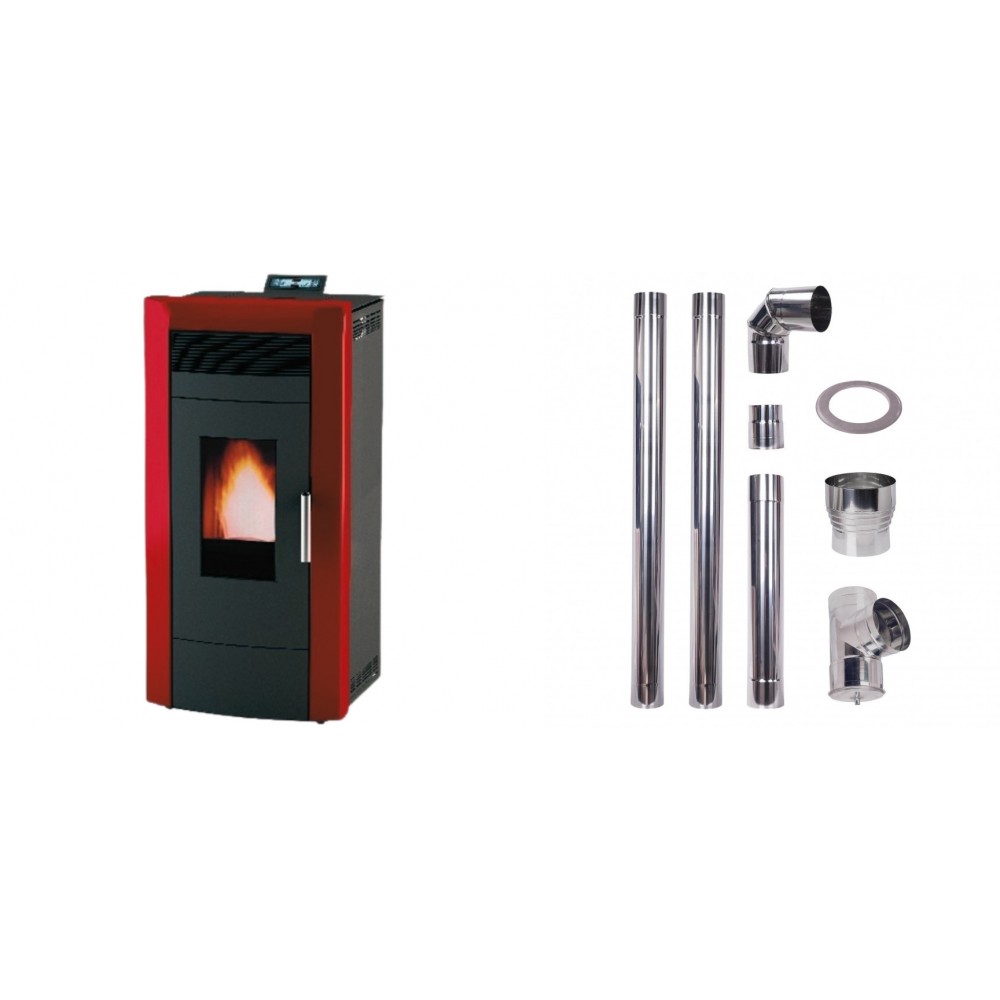 Set Pelletofen Wasserführend Alfa Plam Commo 15 Bordeaux, 15kW + Schornstein bausatz für Pelletofen, Edelstahl AISI 304, 80-150mm