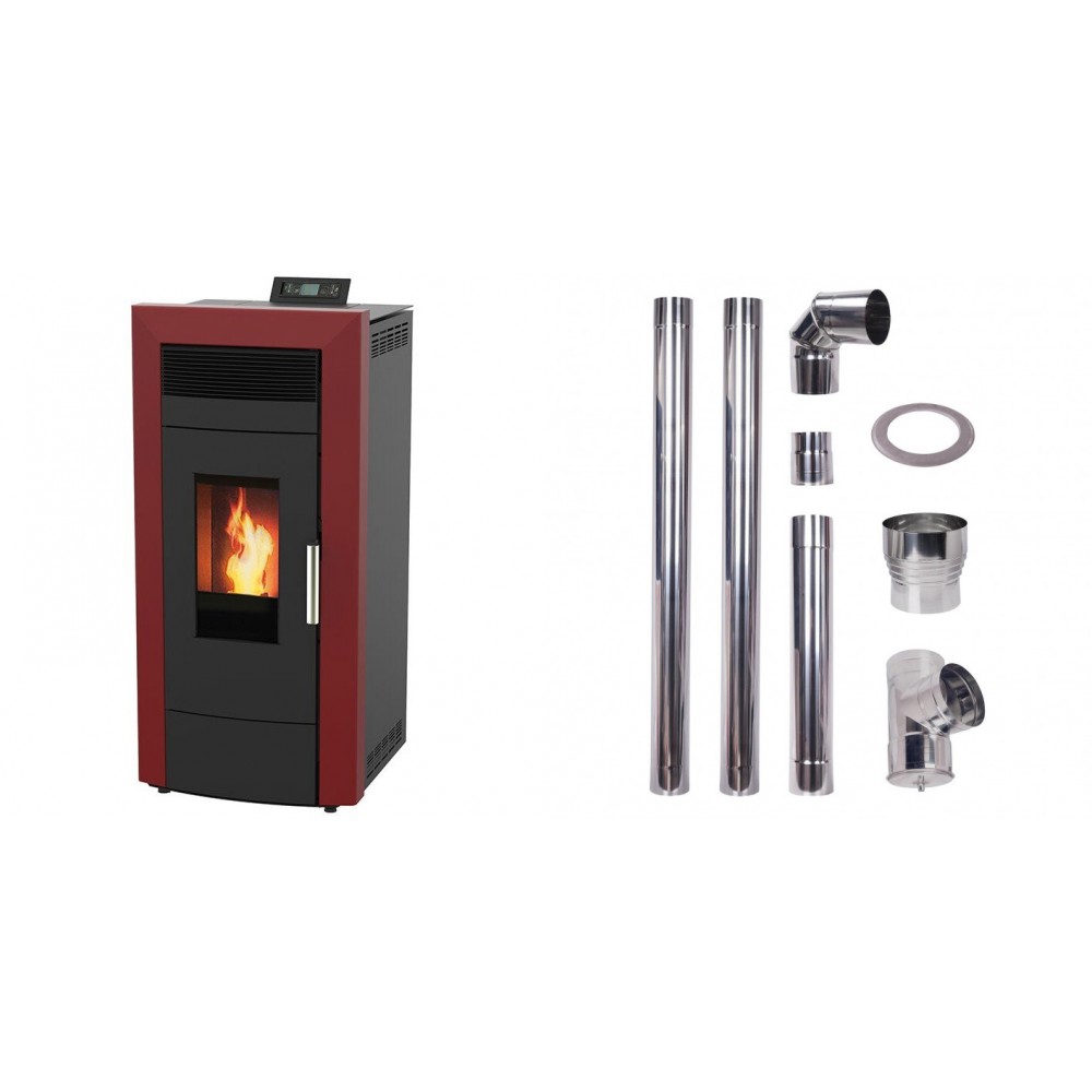 Set Pelletofen Wasserführend Alfa Plam Commo Bordeaux, 22.5kW + Schornstein bausatz für Pelletofen, Edelstahl AISI 304, 80-150mm