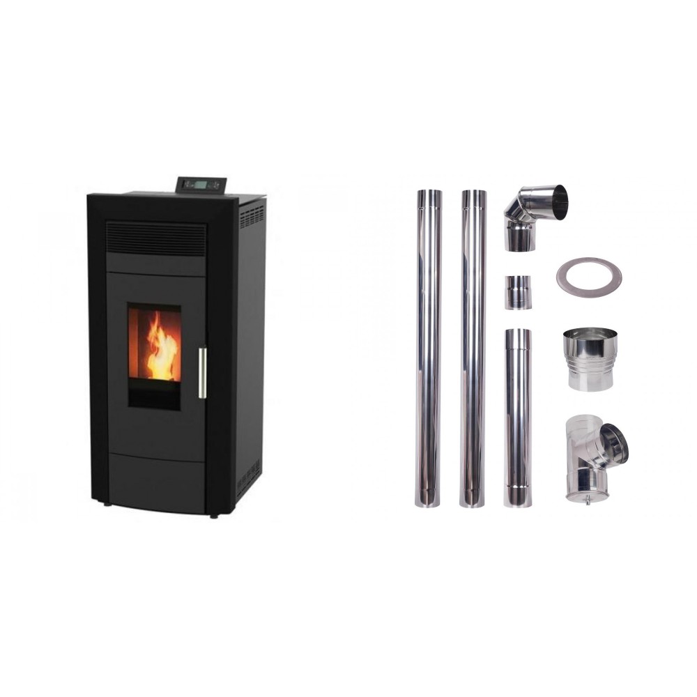 Set Pelletofen Wasserführend Alfa Plam Commo Schwarz, 22.5kW + Schornstein bausatz für Pelletofen, Edelstahl AISI 304, 80-150mm | Pelletofen Wasserführend | Pelletofen |