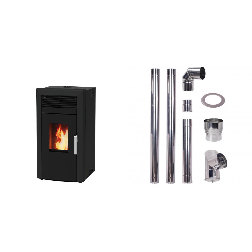 Set Pelletofen Wasserführend Alfa Plam Commo 15 Schwarz, 15kW + Schornstein bausatz für Pelletofen, Edelstahl AISI 304, 80-150mm