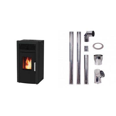 Set Pelletofen Wasserführend Alfa Plam Commo 15 Schwarz, 15kW + Schornstein bausatz für Pelletofen, Edelstahl AISI 304, 80-150mm - Produktvergleich