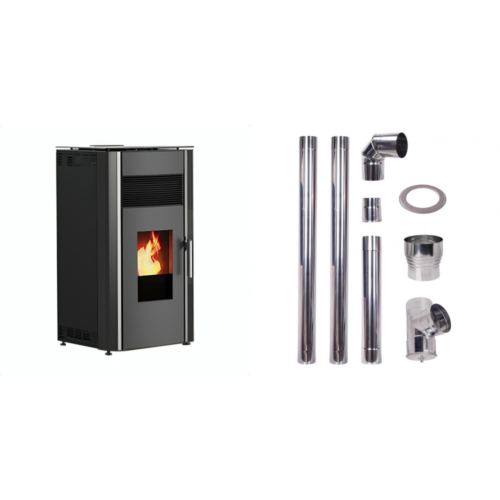 Set Pellets Kaminofen Alfa Plam Luca Schwarz, 8kW + Schornstein bausatz für Pelletofen, Edelstahl AISI 304, 80-150mm | Pellets Kaminofen | Pelletofen |