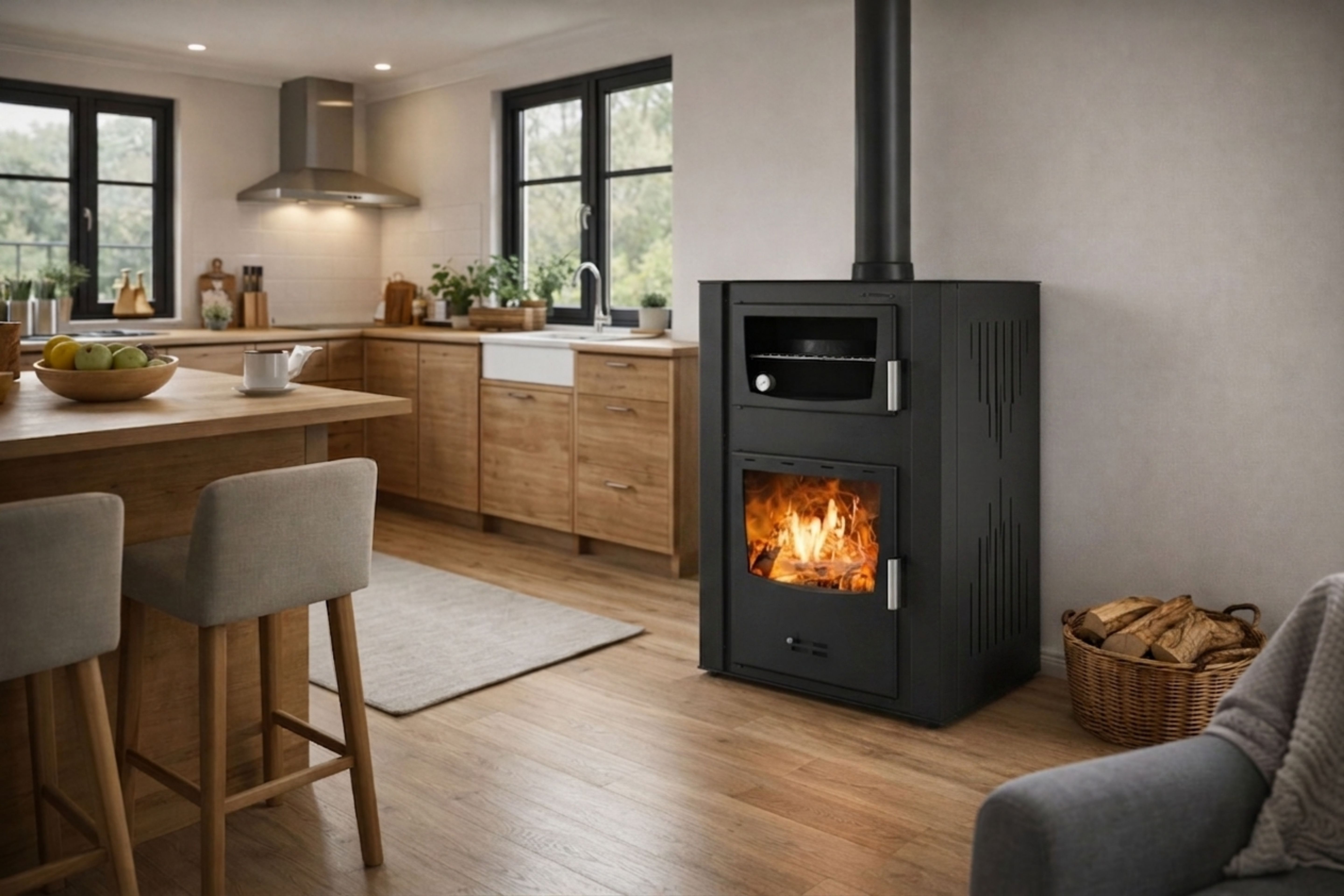 Holzbefeuerter Kamin mit Backofen und Wassermantel