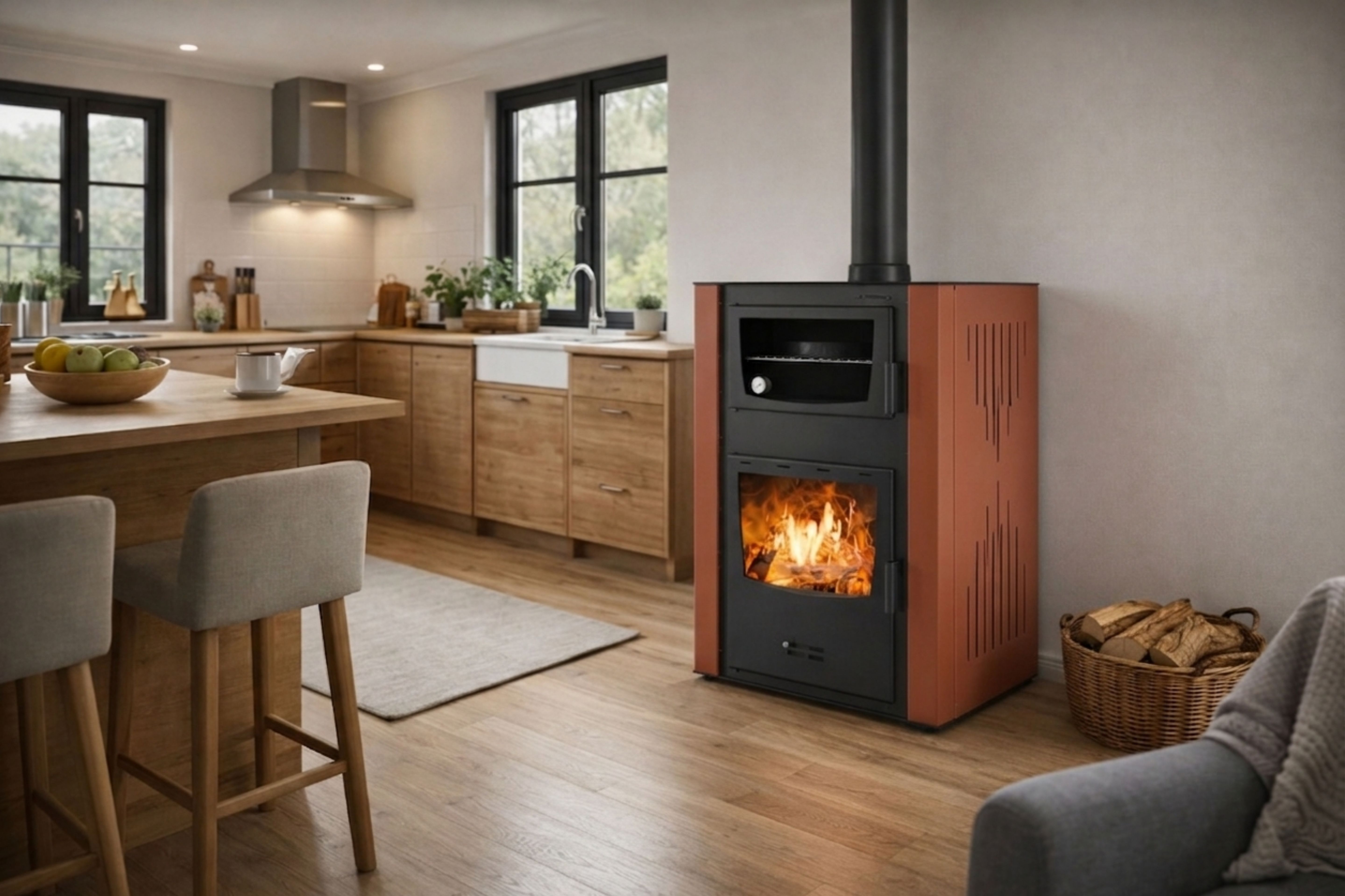 Holzbefeuerter Kamin mit Backofen und Wassermantel